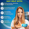 Smiling woman holding a bottle of 3-in-1 Probiotic Complex. Text reads May help with: reducing gas, bloating, and discomfort; promoting regular bowel movement; increasing metabolism and reducing BMI; breaking down foods; and supporting nutrient absorption.