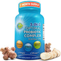 A bottle of 3-in-1 Optimal Probiotic Complex with 50 Billion CFU. Features icons for Prebiotic, Probiotic 10 Strains, and Digestive Enzymes. Highlights ‘2 Month Supply,’ ‘Vegan,’ and ‘DRcaps.’ Surrounded by fresh Jerusalem artichoke and chicory root to emphasize natural ingredients.