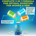 A bottle of 3-in-1 Optimal Probiotic Complex (50 Billion CFU) with labeled capsules bursting above: Digestive Enzymes, Probiotics, and Prebiotics. Text highlights benefits for men and women including improved digestion, nutrient absorption, and gut flora balance. Capsules and powder spill out to emphasize the comprehensive digestive formula.
