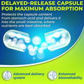 Graphic showing two transparent capsules opening to release nutrients. Text reads: 'Delayed-release capsule for maximum absorption – protects the capsule content from stomach acid and delivers it into the small intestine, where nutrients are best absorbed.' Icons below highlight 'Advanced delivery system' and 'Enhanced bioavailability' with a green-blue gradient background.