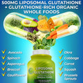 Liposomal Glutathione supplement bottle with illustrated capsule showing organic vegetables like avocado, spinach, broccoli, carrot, and cabbage; highlights ingredients and states 500 mg glutathione and 1,450 mg per serving.