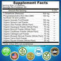 Supplement Facts label for Liposomal Glutathione: serving size 2 capsules, 60 servings per container. Includes 500 mg L-Glutathione and organic powders from avocado, spinach, okra, broccoli, and more. Vegan, non-GMO, gluten-free, made in the USA, third-party tested.