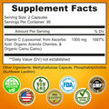 Supplement Facts label for Liposomal Vitamin C: 2-capsule serving provides 1500 mg of Vitamin C (1667% DV) from liposomal ascorbic acid, organic acerola cherries, and organic camu camu. Other ingredients: methylcellulose capsule, sunflower lecithin. Icons show vegan, non-GMO, gluten-free, made in the USA, third-party tested, and GMP-certified.