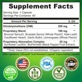 Supplement Facts for DIM formula: 1 capsule serving, includes 200 mg Diindolylmethane (DIM), 190 mg organic vegetable blend with broccoli sprout, Brussels sprout, kale, cauliflower, garlic, lemongrass, and 25 mg absorption complex with sunflower lecithin and BioPerine. Vegan, non-GMO, made in USA, GMP-certified, third-party tested.