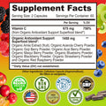 Supplement Facts label for Whole Food Vitamin C Complex, showing 675mg of vitamin C per serving from an organic superfood blend with amla, acerola, goji, acai, maqui, blueberry, blackberry, strawberry, and raspberry powders