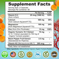 Supplement Facts panel for Calcium Magnesium Zinc D3 & K2 with Turmeric. Highlights include 500 mg calcium, 100 mg magnesium, 15 mg zinc, 70 mg turmeric extract, and 200 mcg Vitamin K2 per serving of 3 capsules. Features vegan, non-GMO, and made in USA icons.