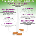 Infographic of a 7-in-1 bone health supplement showing plant-based calcium, magnesium, zinc, turmeric, vitamin D3, vitamin K2, and black pepper, with orange capsules at the bottom.