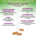 Infographic of a 7-in-1 bone health supplement showing plant-based calcium, magnesium, zinc, turmeric, vitamin D3, vitamin K2, and black pepper, with orange capsules at the bottom.