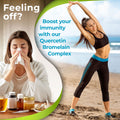 Split image with a woman sneezing indoors and a woman stretching on a beach, with text promoting Quercetin Bromelain Complex.