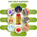 Quercetin supplement bottle with visual icons representing potential benefits such as immune function, antioxidant support, respiratory health, and cardiovascular function. Text reads 'May help support' with illustrative graphics surrounding the product.