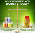 Visual comparison of multiple supplement bottles versus one Quercetin supplement bottle with Vitamin C, Zinc, and Bromelain. Text reads 'Which would you rather choose?' with imagery of a golden scale showing convenience of all-in-one formula.