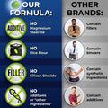Comparison chart showing Supplements Studio formula with no magnesium stearate, rice flour, silicon dioxide, or additives versus other brands that contain fillers, binders, synthetic ingredients, and additives.