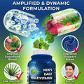 Graphic highlighting the Men's Daily Multivitamin from Supplements Studio. Features illustrated capsules showing vitamins and vegetables, and callouts for key ingredients: Organic Superfood Blend, Digestive Support Blend, Saw Palmetto, and Biotin. Label reads 'Amplified & Dynamic Formulation.' The bottle is shown in the center with icons of supplement benefits.
