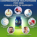 Visual display of Supplements Studio Men's Daily Multivitamin bottle surrounded by icons representing benefits including digestive health, increased energy, clarity and focus, cardiovascular health, antioxidant support, hair and skin, and immune function. Includes FDA disclaimer stating the product is not intended to diagnose, treat, cure, or prevent any disease.