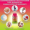Women's Daily Multivitamin 50+ bottle surrounded by icons representing support for energy, clarity, digestion, cardiovascular function, immune and antioxidant defense, hair and skin, and eye health.