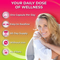 Smiling woman with text highlighting features of a women's daily supplement routine: one capsule per day, easy to swallow, 60-day supply, without iron, and no fillers. Title reads 'Your Daily Dose of Wellness.