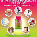 Supplements Studio Women’s Daily Multivitamin bottle with icons representing support for energy, focus, digestion, antioxidant activity, hair, skin, nails, and immune function. Text includes a disclaimer noting FDA evaluation.
