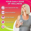 Smiling woman holding a glass of water next to a list of supplement features: one capsule per day, easy-to-swallow, 60-day supply, contains iron, and no fillers.