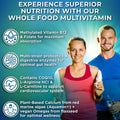 Man and woman in athletic wear smiling with icons and text describing benefits of a whole food multivitamin, including methylated B12, probiotics, CoQ10, plant-based calcium, and vegan omegas