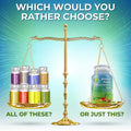 Side-by-side comparison of multiple supplement bottles versus a single Whole Food Multivitamin bottle, highlighting simplicity and convenience.