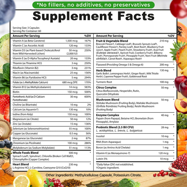 Whole Food Multivitamin Plus without iron 180 count (60 servings per container) supplement facts table