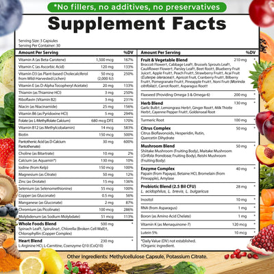 Whole Food Multivitamin Plus without iron 90 count (30 servings per container) supplement facts table