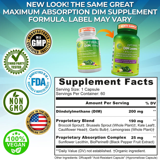 DIM supplement supplements facts, serving size 1 capsule, serving per container 60