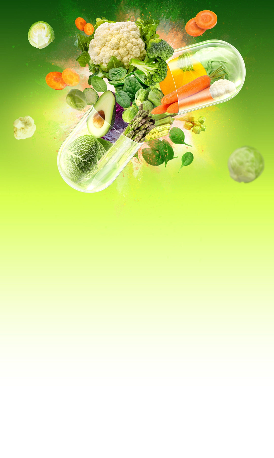 Vibrant green background with a transparent capsule filled with vegetables like cauliflower, carrots, avocado, asparagus, kale, and spinach, representing whole-food nutrients exploding outward.