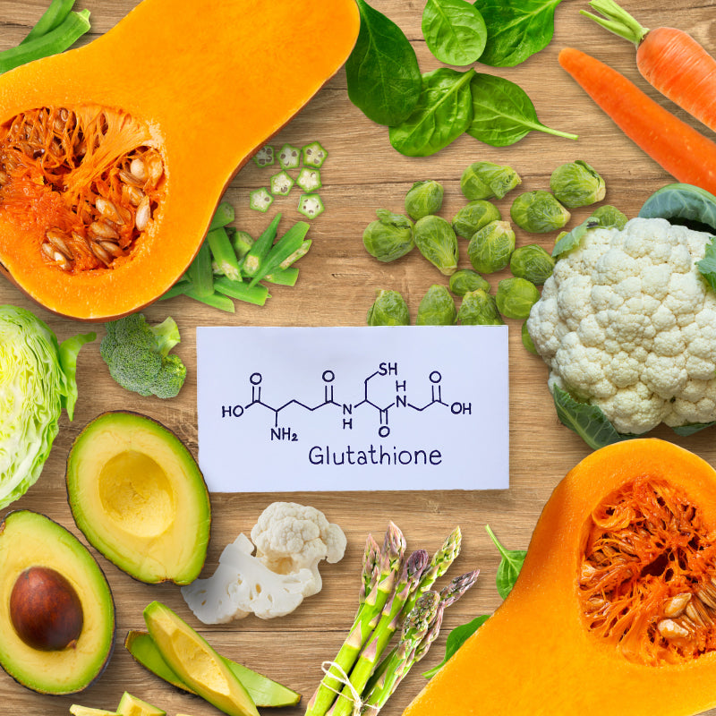 Glutathione category image showcasing the whole foods that our liposomal glutathione is enriched with