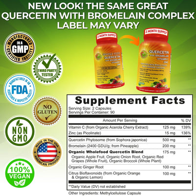 quercetin 180 count supplements facts. serving size 2 capsules. serving per container 90. 